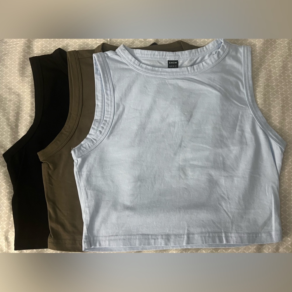 SHEIN Crop Tops in Black, Olive, and Light Blue
